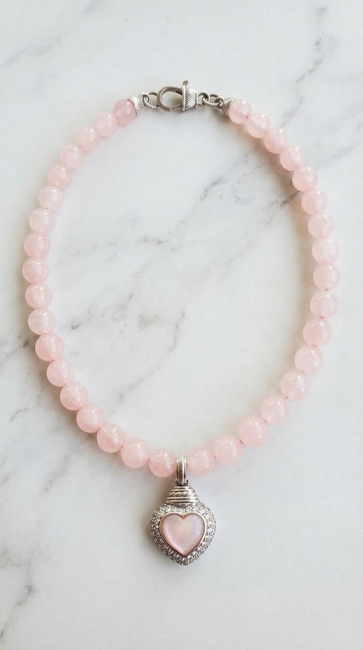 Vintage Judith Ripka Rose Quartz Sterling Silver Heart Beaded Necklace